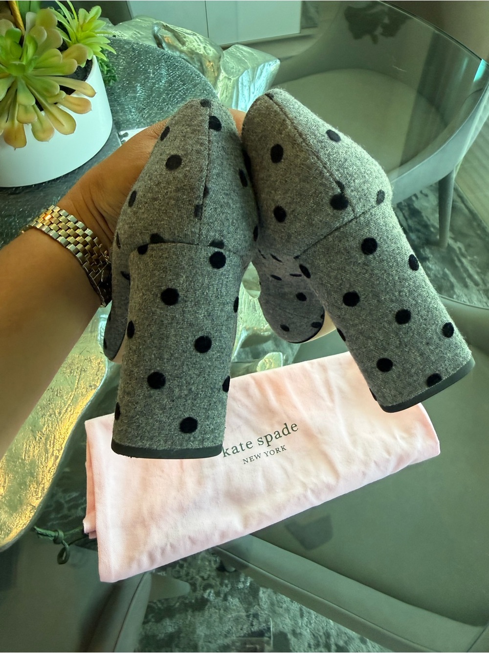 kate spade Gray Polka Dot Mary Jane Heels with Crystal Button - Picture 4 of 6